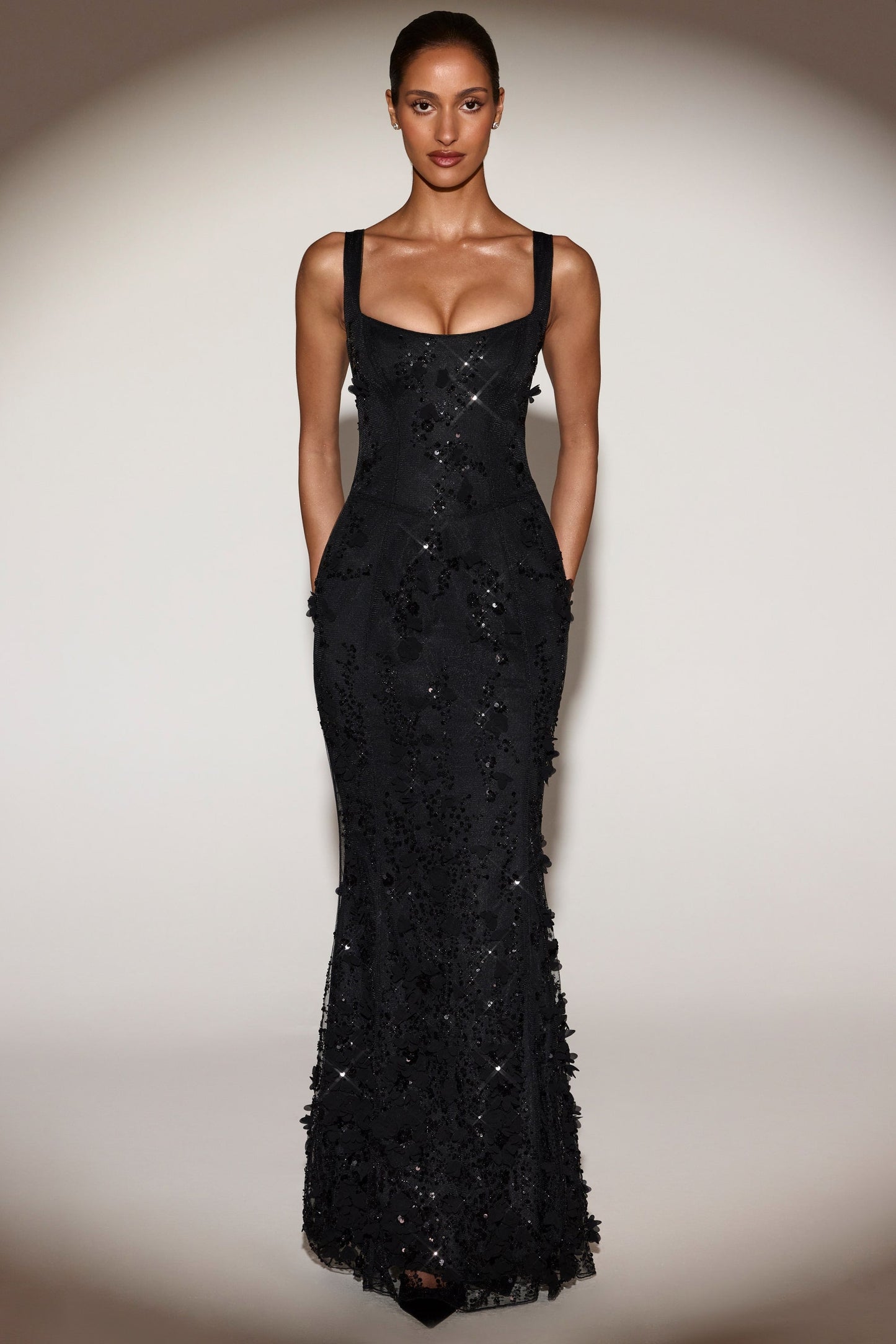 Embellished Appliqué Soft-Scoop Corset Gown in Black