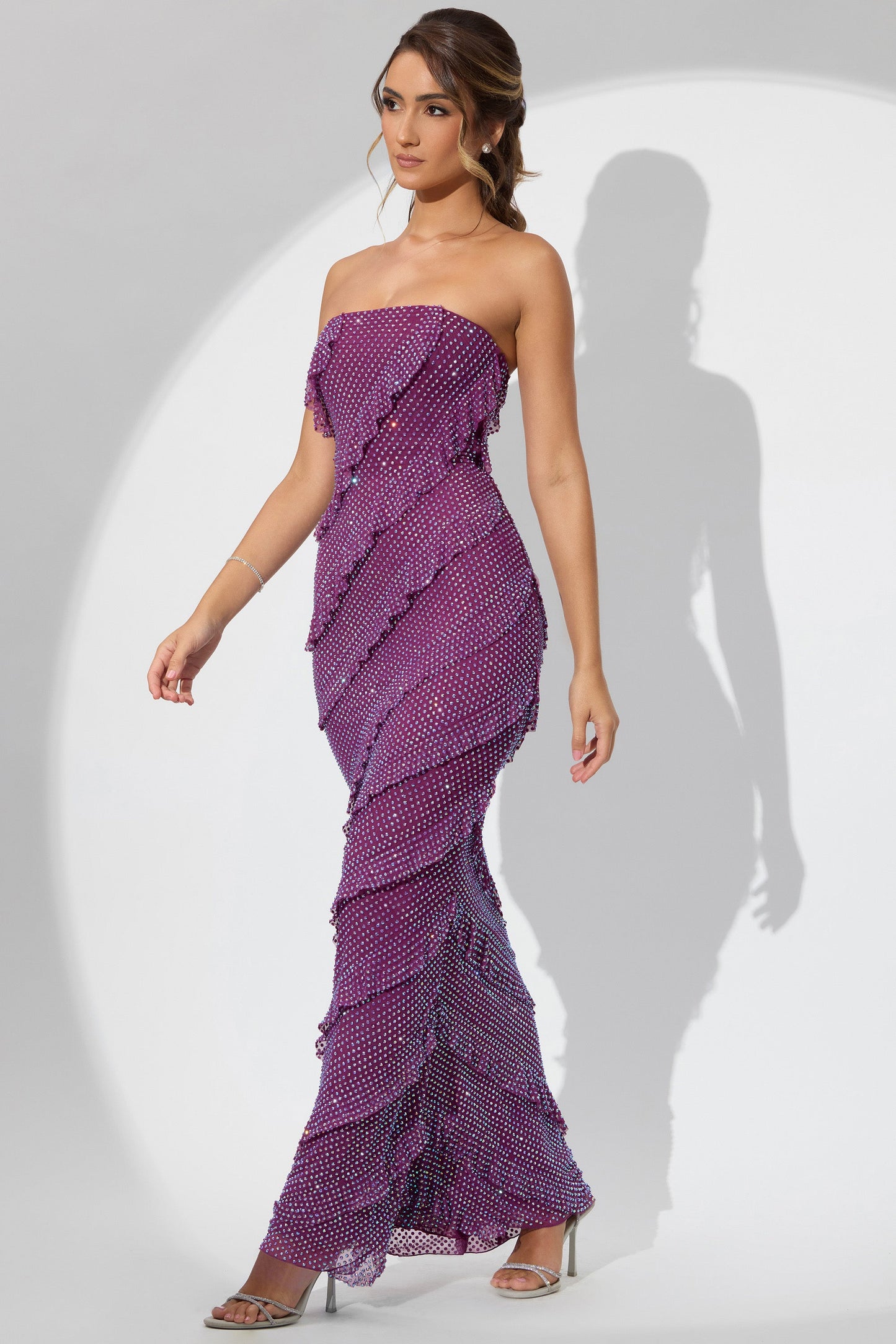 Embellished Bandeau Ruffle Maxi Dress in Plum