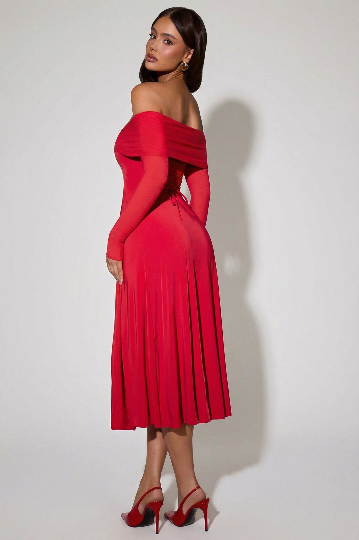Off-Shoulder Lace-Up A-Line Midaxi Dress in Red