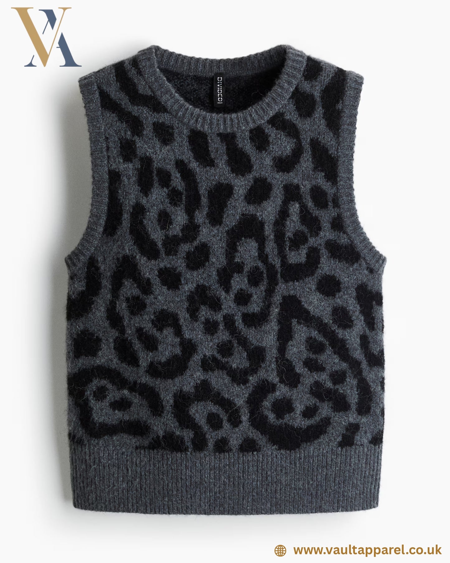 Sleeveless Leopard Knit Vest – Grey/Black