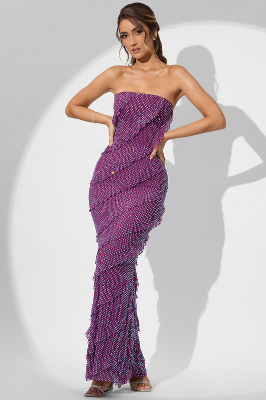 Embellished Bandeau Ruffle Maxi Dress in Plum