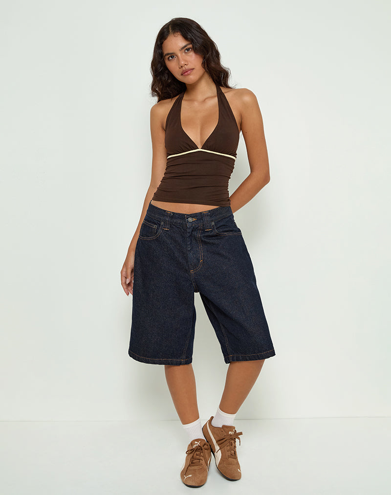 Abeth Halterneck Top in Chocolate Brown with Lemon Piping