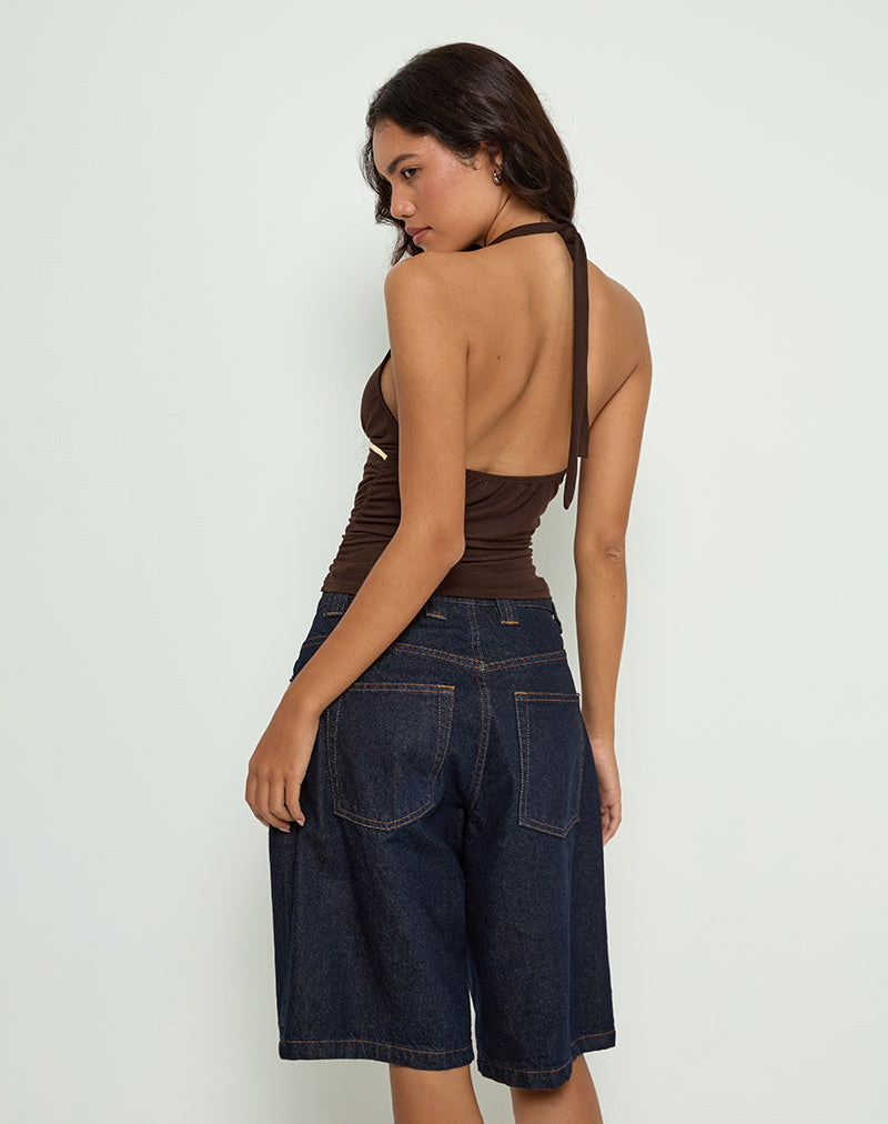 Abeth Halterneck Top in Chocolate Brown with Lemon Piping