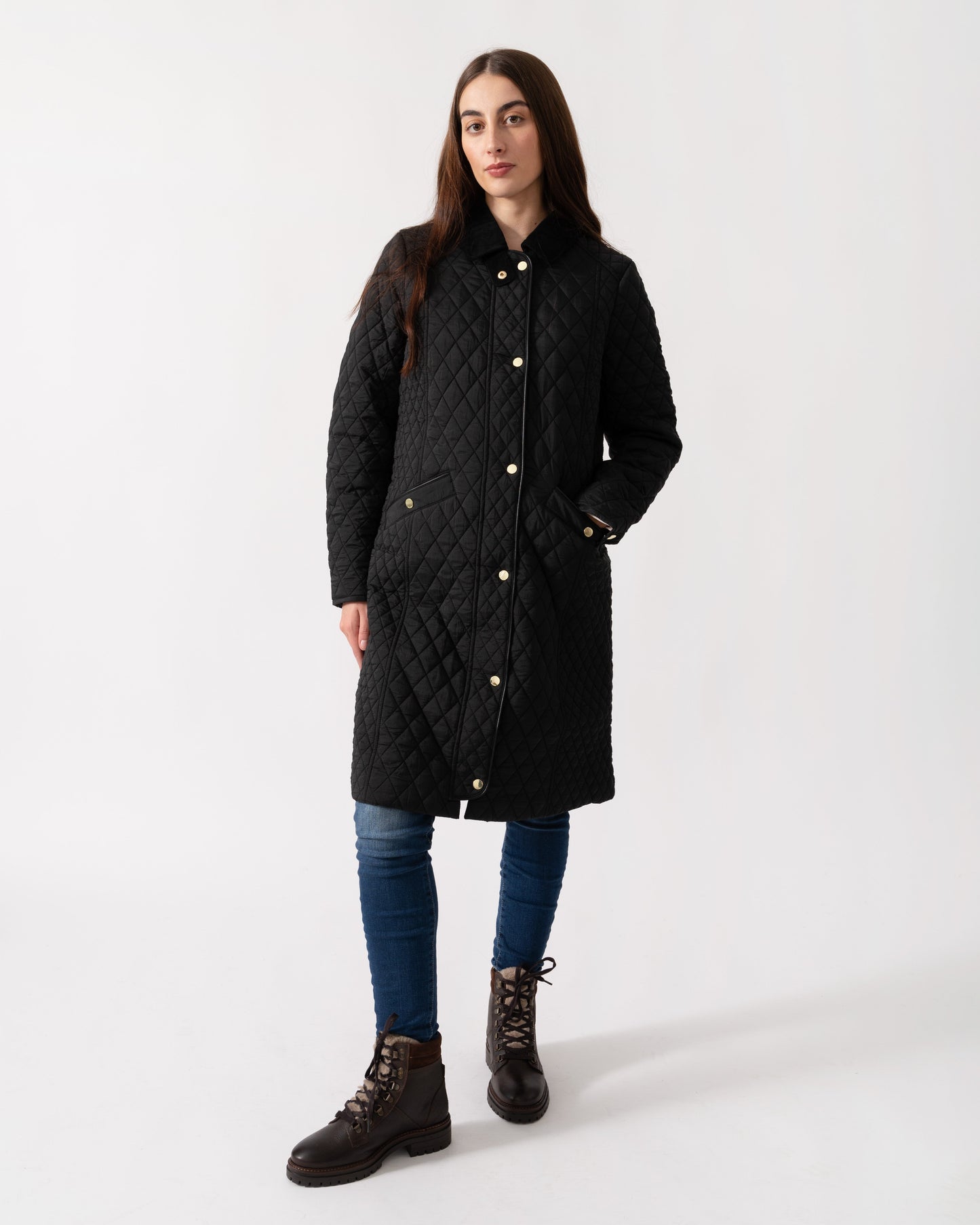 Joules Rosewell Womens Long Diamond Quilt Jacket - Black