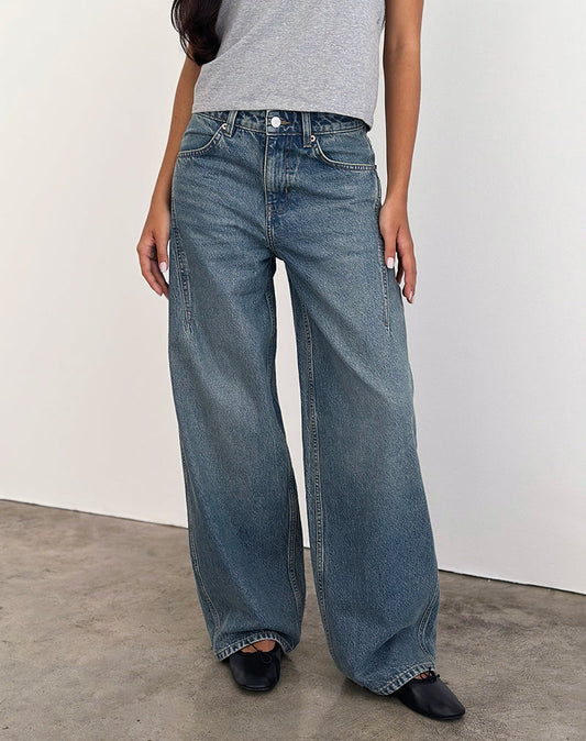Low Slung Roomy Jeans in Vintage Blue Green
