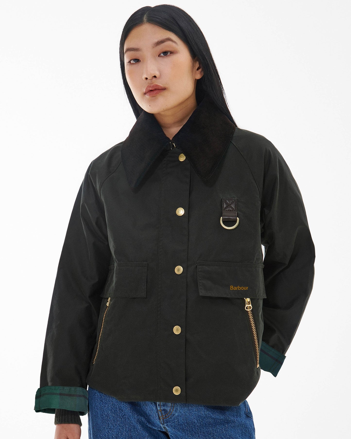 Barbour Catton Womens Wax Jacket - Black/Black/Sage Tartan