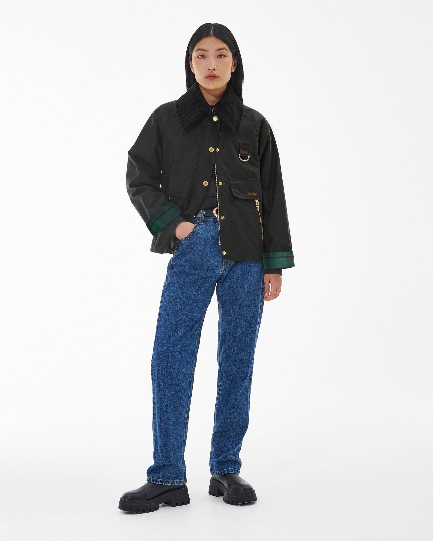 Barbour Catton Womens Wax Jacket - Black/Black/Sage Tartan