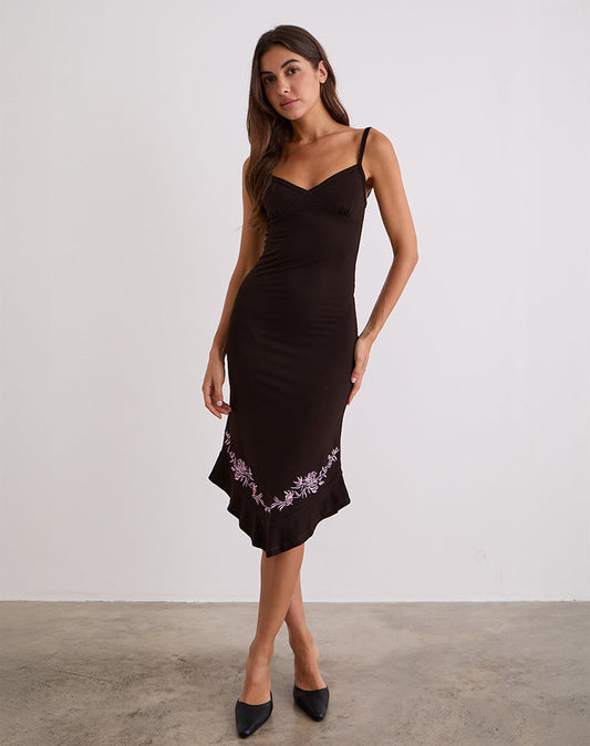 Quelin Midi Dress in Chocolate Brown with Rose Embroidery