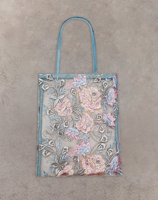 Shi Bag in Natural Lace Embroidery with Blue Satin Binding