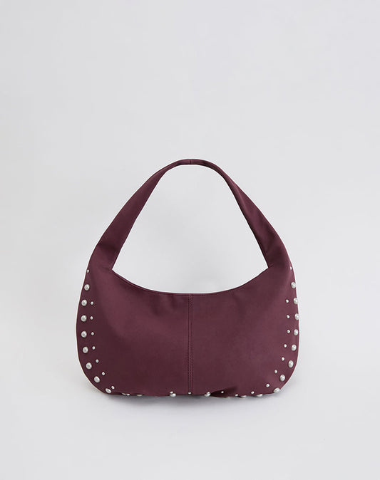 Studded Slouch Bag in Burgundy