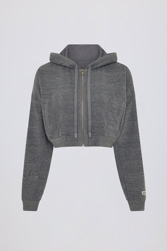 Terry Cotton Zip-Up Cropped Hoodie in Dark Grey