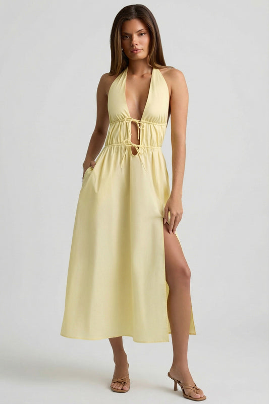 Backless Cotton-Poplin Midaxi Dress in Lemon Yellow