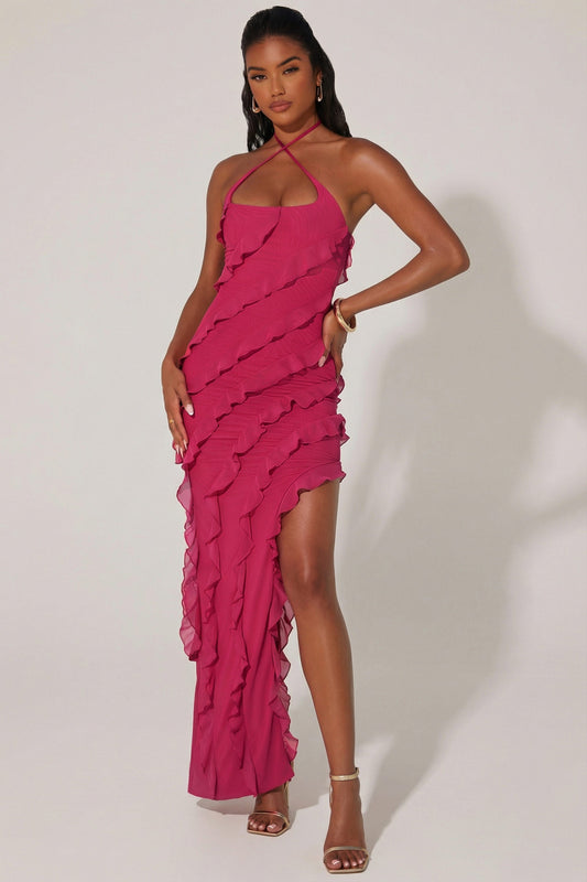 Cross Strap Ruffle Floor Length Dress in Fuchsia