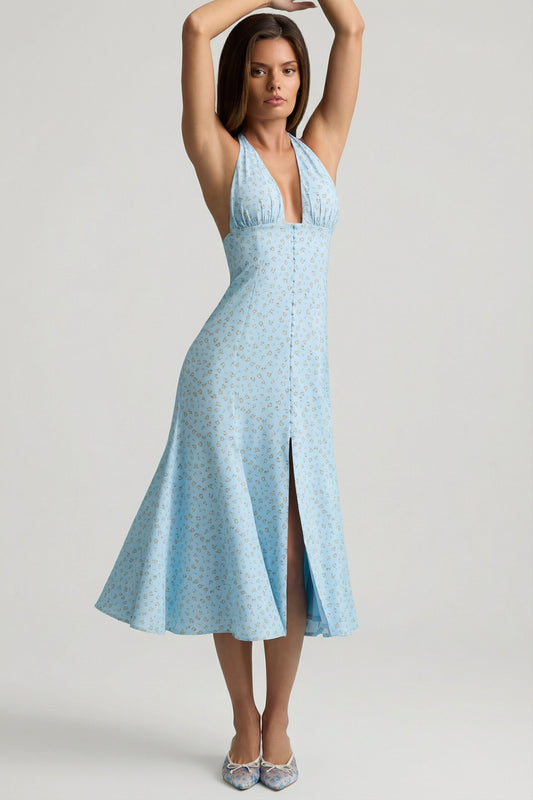 Halterneck Midaxi Dress in Blue Flower Print