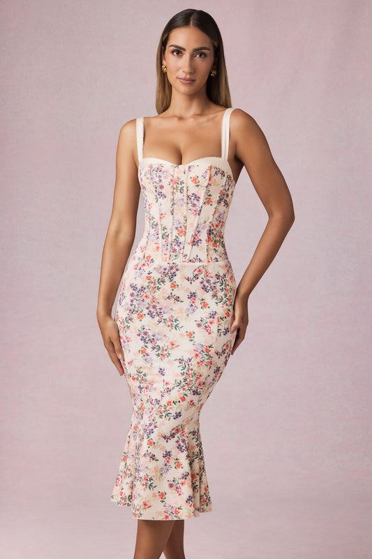 Layered Bra-Detail Fishtail Midaxi Dress in Primrose Floral Print