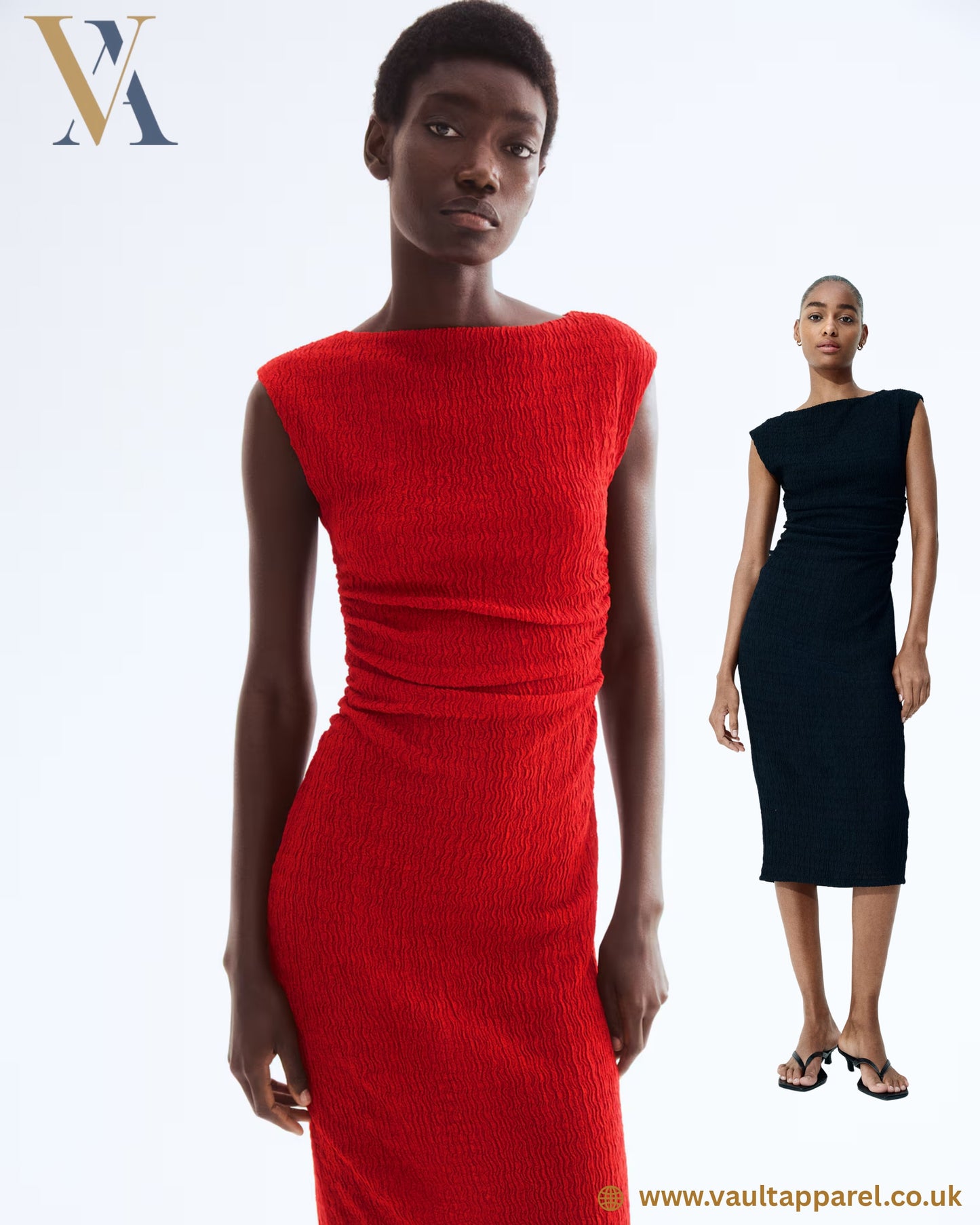 Sleeveless Textured Midi Dress – Red & Black